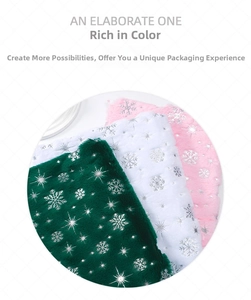 Macro detail of plush Christmas fabric with silver snowflake prints in green, white, and pink
