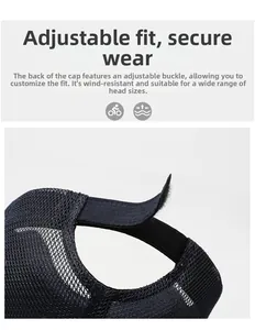 Detail showing breathable black mesh texture and adjustable velcro strap of the baseball cap
