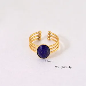 Detailed macro view of a 12mm blue natural stone on a gold-tone stainless steel ring