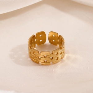 Adjustable gold plated stainless steel ring with hollow woven geometric brick texture