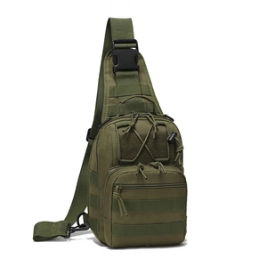 Detail view of army green tactical chest bag with MOLLE webbing and durable buckles