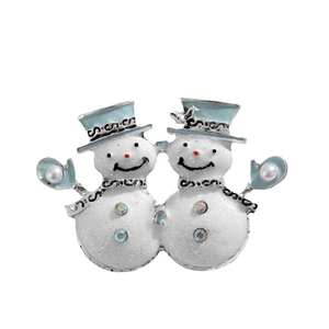 Christmas snowman brooch with blue enamel and sparkling rhinestones on white background