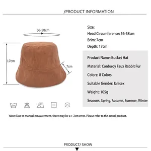 Guide des tailles et spécifications du chapeau bob en velours côtelé et fourrure