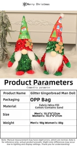 Detailed size and material specification chart for the Christmas sequin gingerbread gnome