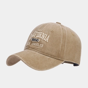 Close-up of California 1850 embroidery and fabric texture on a vintage khaki baseball cap