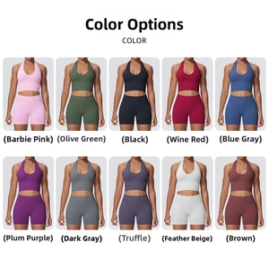 Detailed grid view showing ten available colors for the seamless halter yoga set and shorts