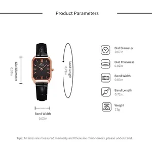 Elegant vintage square quartz watch with black leather strap and rose gold case for women