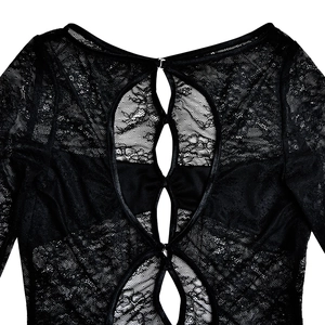 Close-up of intricate black lace mesh with floral patterns and cutout back details