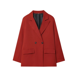 Women's burgundy double-breasted blazer in a structured silhouette for casual office wear