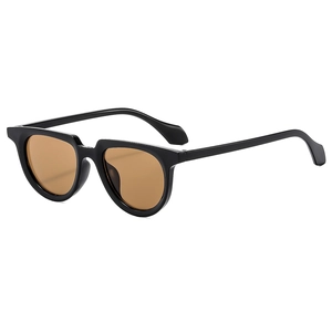 Retro wide-frame sunglasses with black frames and brown lenses shown at a 45-degree angle