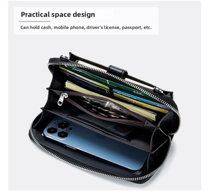 Detail view of leather multi-functional phone wallet with internal card slots and zipper pocket