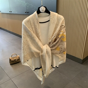 Beige cotton linen large square shawl with brown floral patterns for women's summer wear