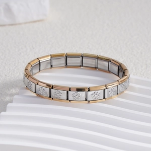 Italian charm bracelet in stainless steel with two-tone finish and flower pattern