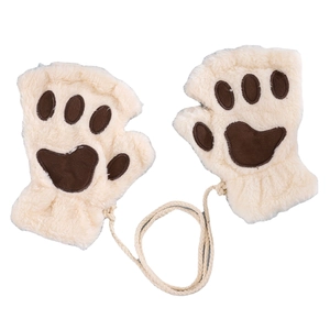 Cute off-white plush cat paw fingerless gloves with brown pads and neck lanyard
