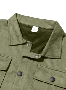 Detail of army green workwear jacket showing size L label and 95% polyester fabric texture