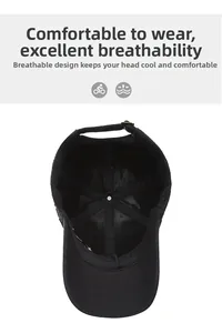 Detail of black cotton baseball cap showing breathable six-panel structure and adjustable strap