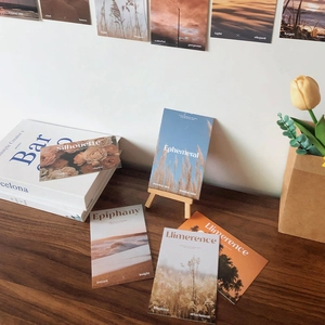 Detail of aesthetic Nordic wall art cards with landscape photos on a wooden table