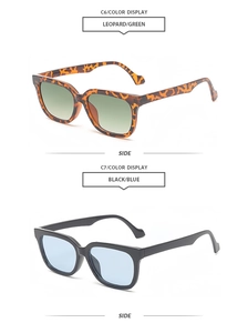 Seitenansicht der Retro-Sonnenbrille mit Rahmen in Leoparden-Grün und Schwarz-Blau