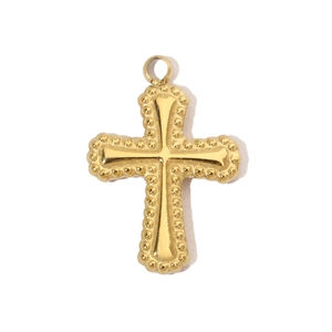 Detailed view of vacuum gold-plated stainless steel cross pendant with textured edges