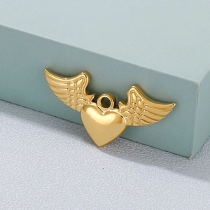 Golden heart pendant with angel wings made of polished stainless steel for DIY jewelry
