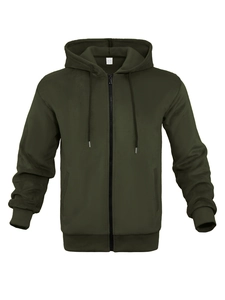 Close-up of olive green waffle fabric texture on men's thermal hooded jacket with zipper