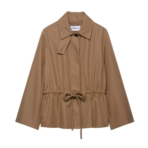 Women's khaki British style waist-tie parka jacket with drawstring detail in flat lay