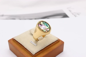 Macro shot of oval rainbow shell inlay on a vintage golden titanium steel ring