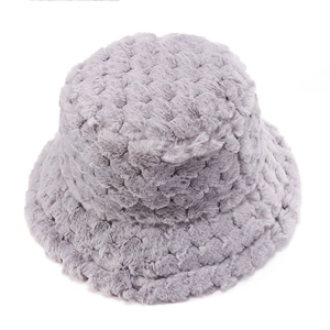 Close-up of thick light gray plush faux fur winter bucket hat with honeycomb texture