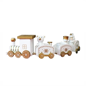 White and gold wooden Christmas train ornament with teddy bear and soldier figurines