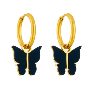 Elegant gold butterfly drop earrings with black gloss accents on white background