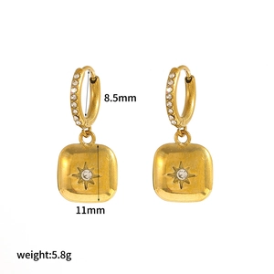 Elegant gold stainless steel earrings with square zircon pendant and 8.5mm inner ring