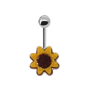 Minimalist sunflower belly button ring with yellow petals and silver metal piercing bar