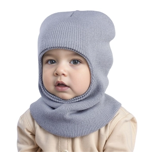 Detail of grey baby balaclava knit hat showing full neck coverage on an infant model
