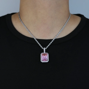 Hip hop rope chain necklace with a square pink gemstone pendant and sparkling accents