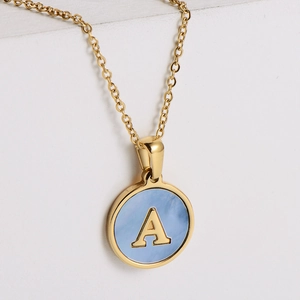 Round Pendant Necklace Stainless Steel With Blue Mother Of Artificial Pearl Shell Initial Letter Fashion Jewelry For Women