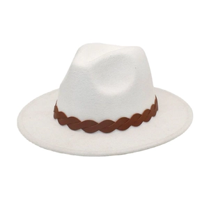Close-up of white wool fedora with brown braided leather band and crisp textured finish