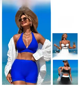 Close-up of blue halter bikini and stylish high-waisted swimwear set with summer accessories
