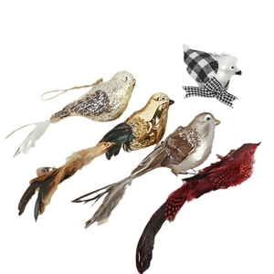 Set of 5 diverse decorative Christmas bird ornaments in gold, silver, red and fabric styles