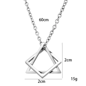 Silver geometric double diamond pendant necklace with 60cm chain and size measurements
