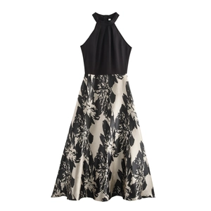 Halter Maxi Dress Sleeveless High Waist Patchwork Floral Print A-Line Elegant Party Long Dress For Women Polyester
