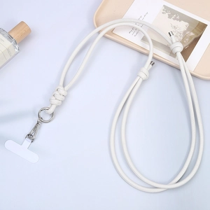 Adjustable white braided PU leather phone lanyard with silver metal lobster clasp and connector