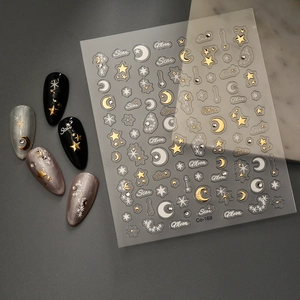 3D gold star and moon nail stickers with crystal accents for DIY manicure art decoration