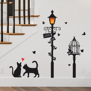 Cartoon lantaarnpaal en kat silhouet muurstickers voor woonkamer huis decoratie