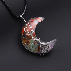 Handmade moon pendant necklace with colorful crystal stones and tree of life wire wrapping