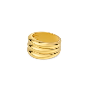 Macro detail of the triple-layered gold band ring with a high-polished metallic finish