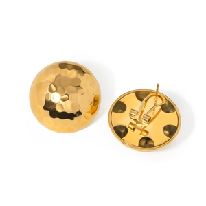 Polished gold round earrings with hammered texture and secure clasp closure