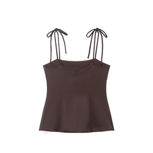 Deep brown chocolate slim fit tank top with adjustable shoulder ribbon bow tie
