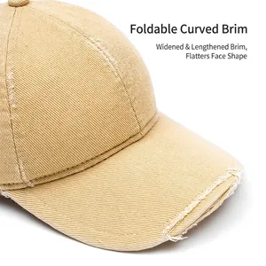 Beige cotton baseball cap with distressed brim and foldable peak for a stylish look