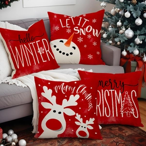Set of 4 Christmas linen throw pillow covers with festive red snowman and reindeer prints