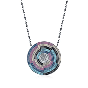 S925 sterling silver retro pixel style round necklace with multi-color crystal swirls